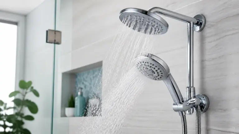 Modern fixed and handheld shower heads spraying water in a tiled bathroom