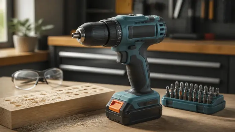 Cordless drill with battery and bit set on a home workshop bench