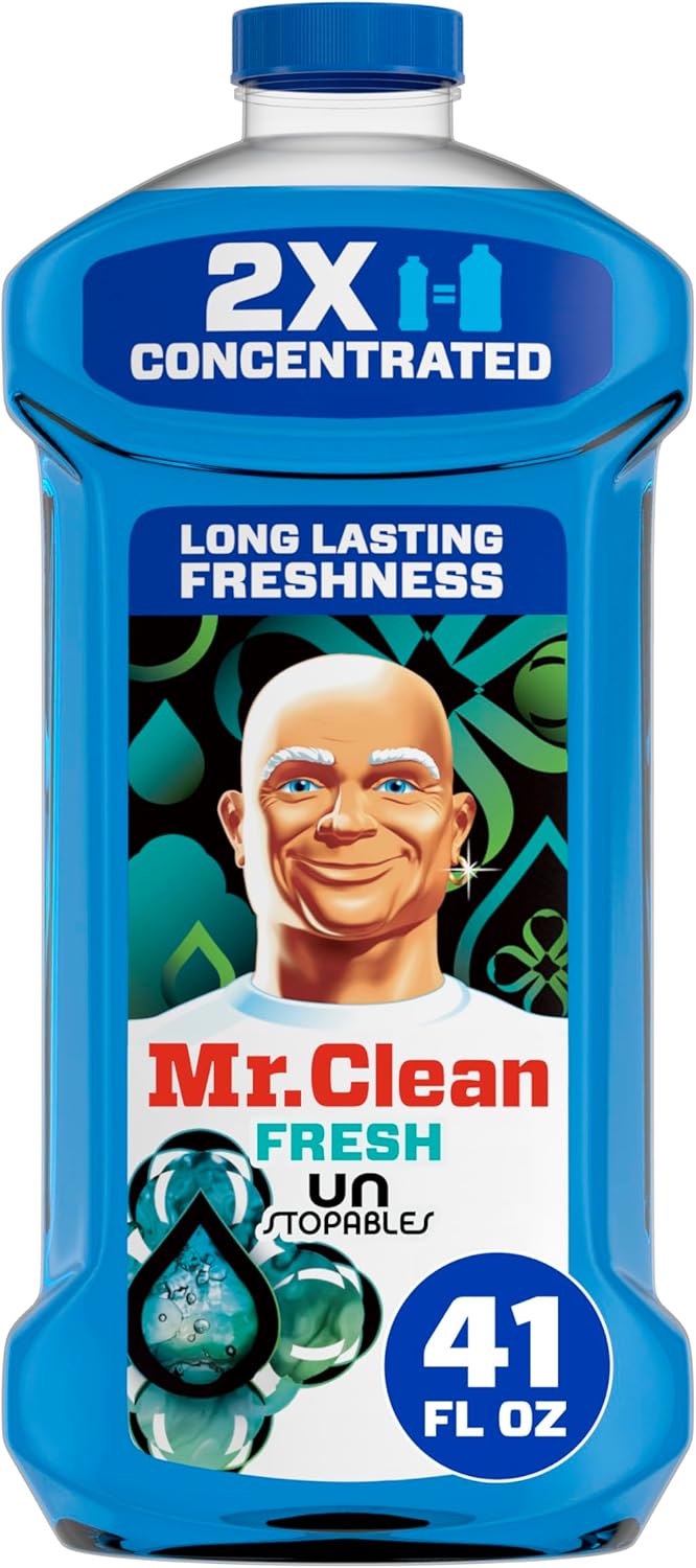 Hard Floor Cleaner For Hardwood Floors guide thumbnail featuring Mr. Clean 2X Concentrated Multi Surface Cleaner with Unstopables Fresh Scent 41 fl oz