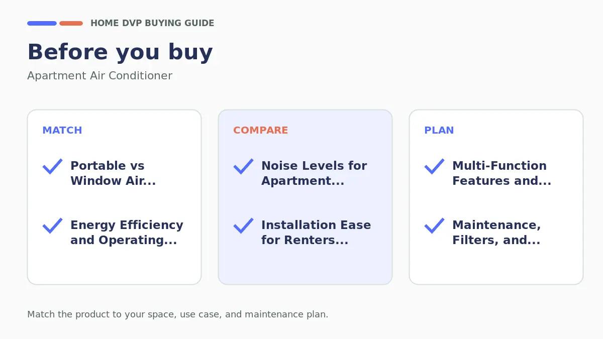 Apartment Air Conditioners for Renters and Small Rooms: BTU Sizing, Noise & Installation Compared 2 Pre-purchase checklist for comparing Apartment Air Conditioner