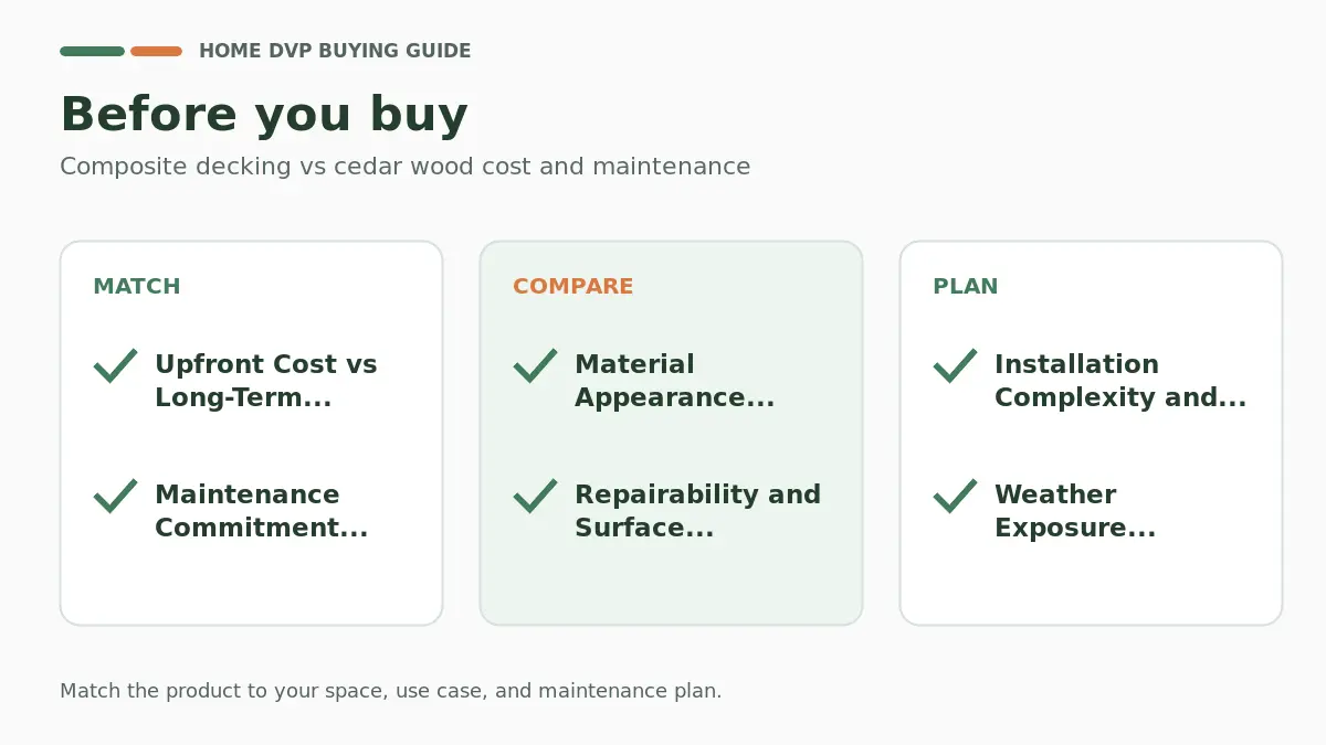Pre-purchase checklist for comparing Composite decking vs cedar wood cost and maintenance