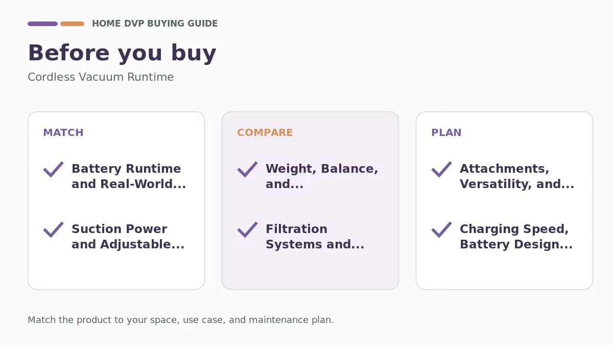 Pre-purchase checklist for comparing Cordless Vacuum Runtime