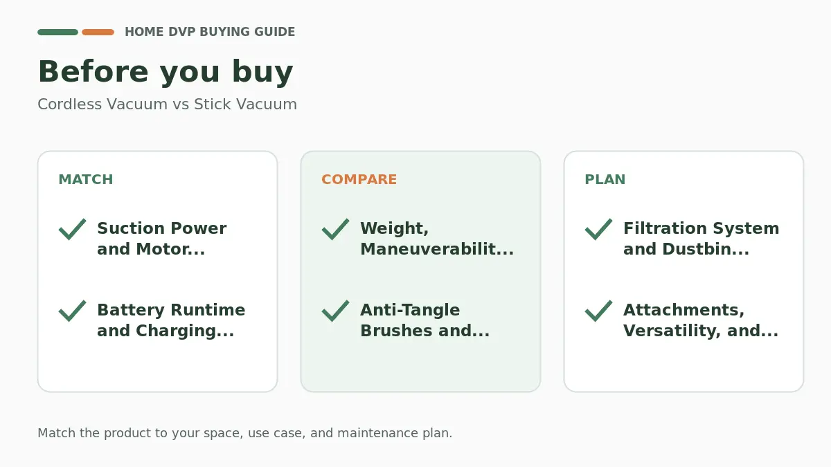 Pre-purchase checklist for comparing Cordless Vacuum vs Stick Vacuum
