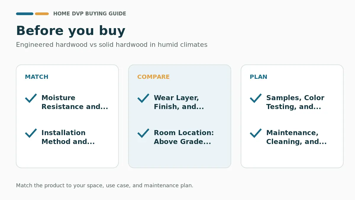 Pre-purchase checklist for comparing Engineered hardwood vs solid hardwood in humid climates