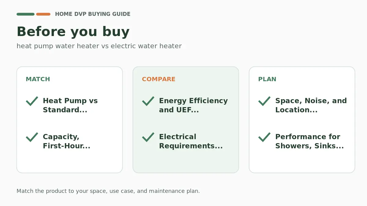Pre-purchase checklist for comparing heat pump water heater vs electric water heater