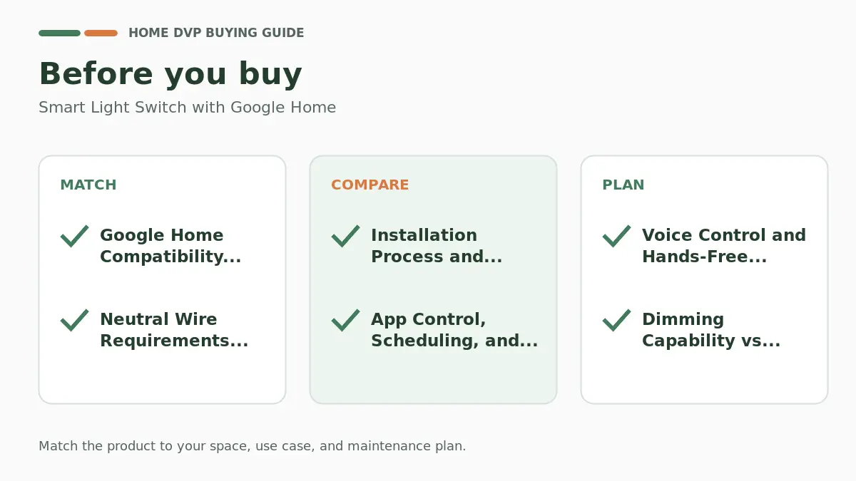 Smart Light Switch with Google Home: Wiring, Protocols, and Top Options 2 Pre-purchase checklist for comparing Smart Light Switch with Google Home