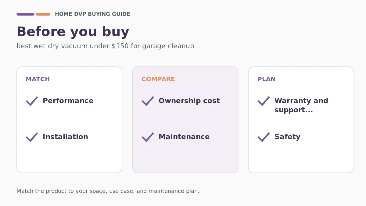Pre-purchase checklist for comparing best wet dry vacuum under $150 for garage cleanup