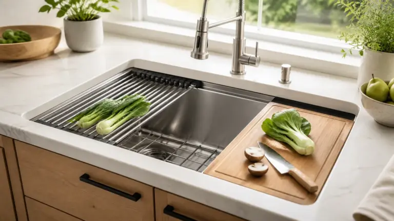 Stainless steel workstation kitchen sink with drying rack and cutting board