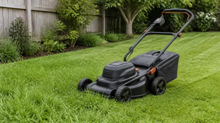Cordless walk-behind lawn mower cutting a residential backyard
