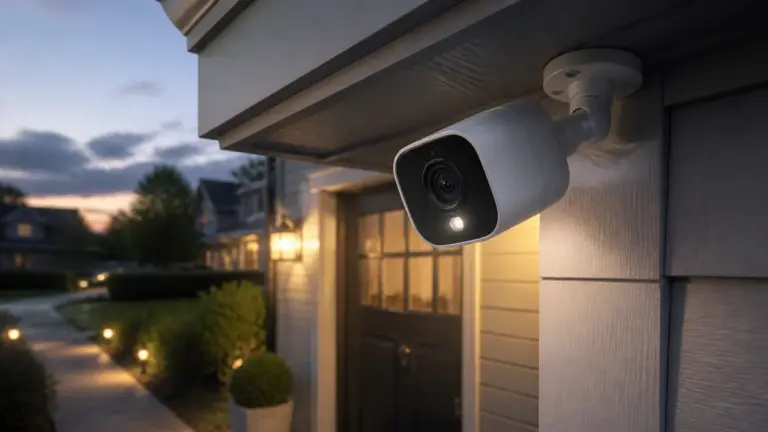 Outdoor security camera installed under an eave near a home entry