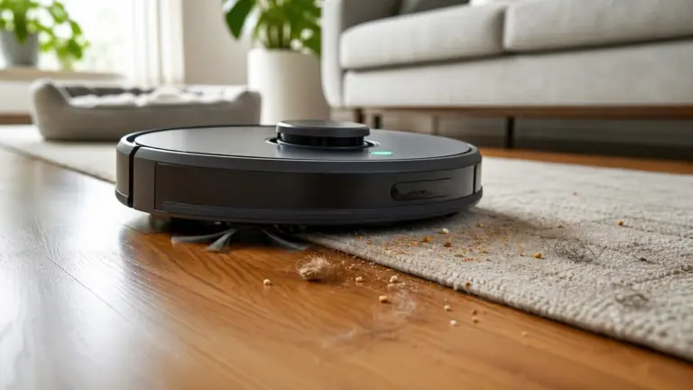 Robot vacuum cleaning pet hair and crumbs from hardwood and a low-pile rug