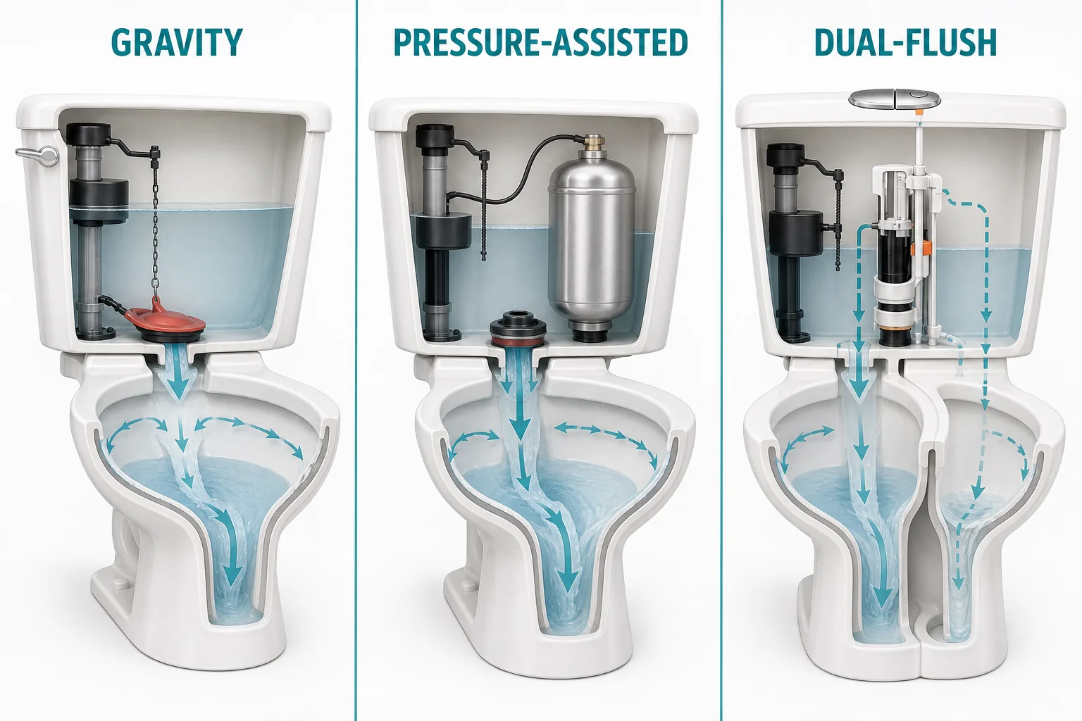 Toilet Flush Types Explained 1 Cutaway comparison of gravity pressure-assisted and dual-flush toilet mechanisms