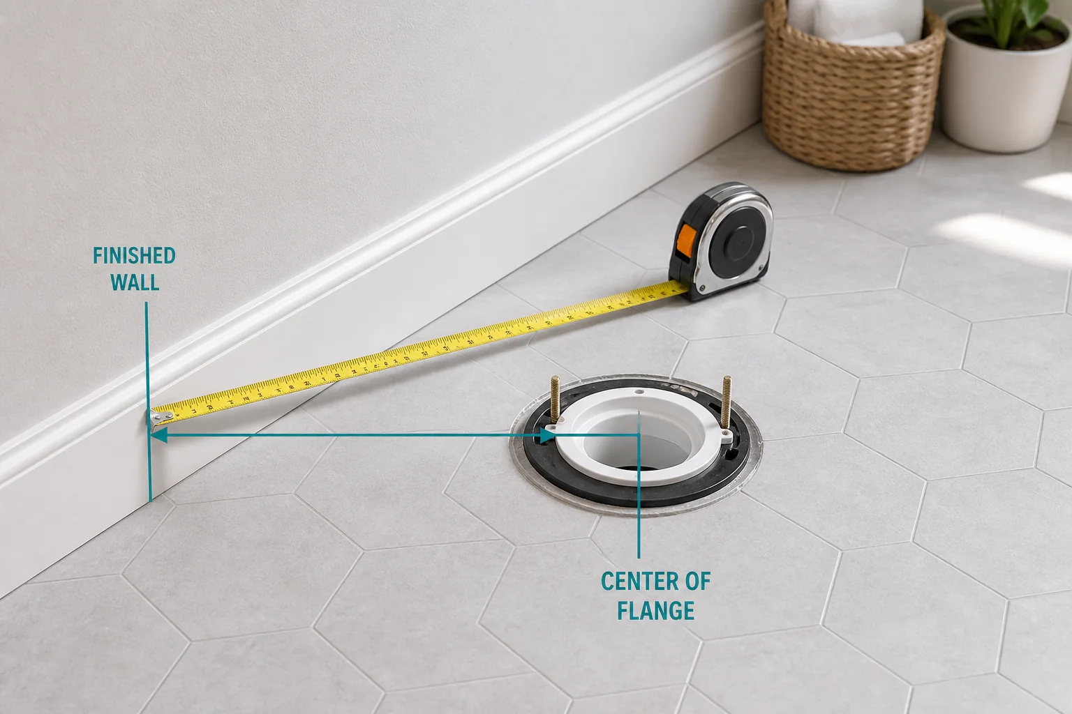 How to Measure Toilet Rough In Correctly 1 Tape measure running from the finished wall to the center of a toilet flange